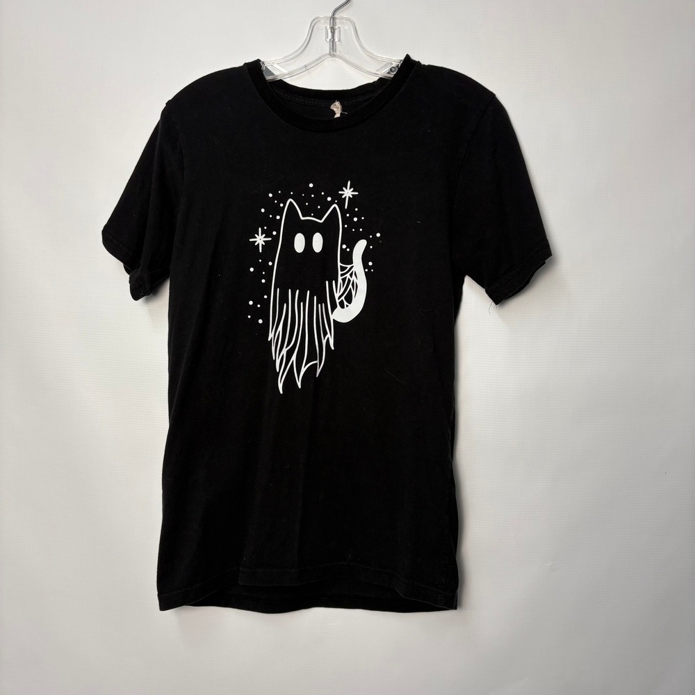 Black Ghost Cat Graphic T-Shirt Short Sleeve Crew Neck Spooky Halloween Tee